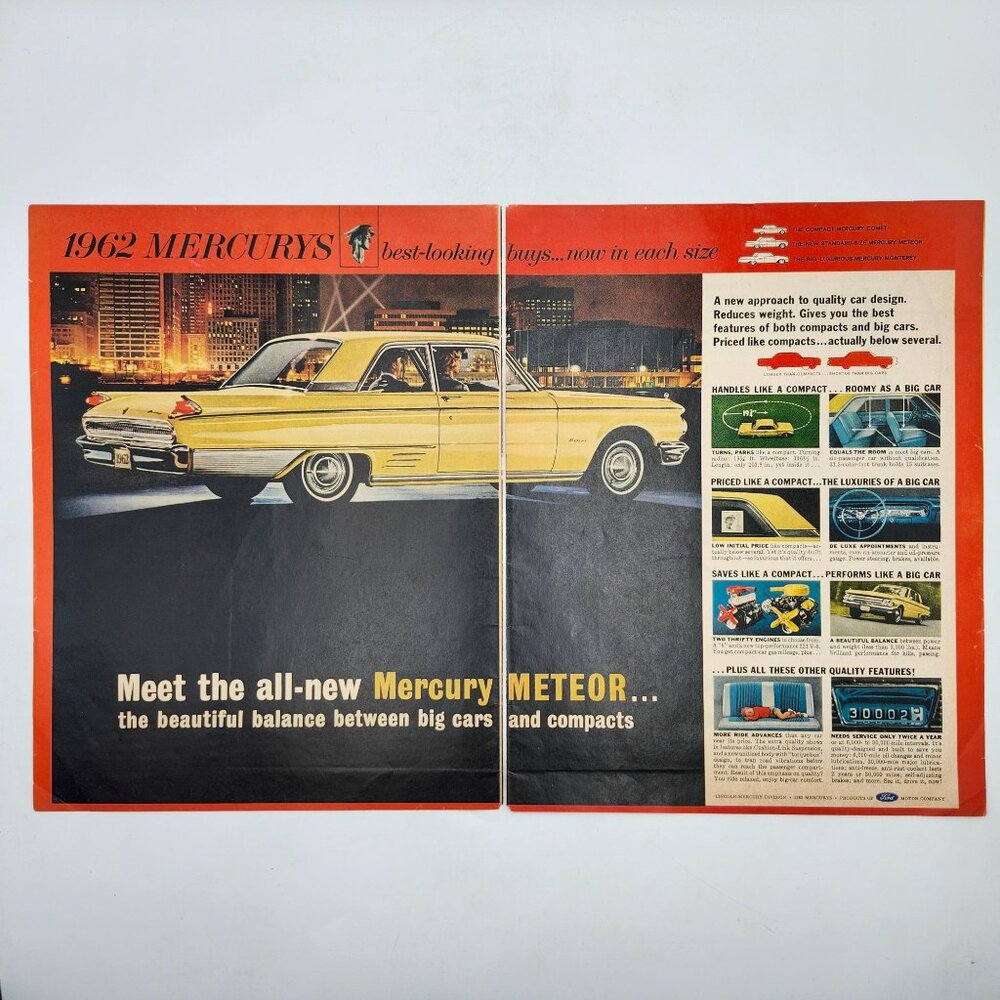 Vintage 1962 Mercury Meteor LIFE Magazine Double Sided Page Print Ad